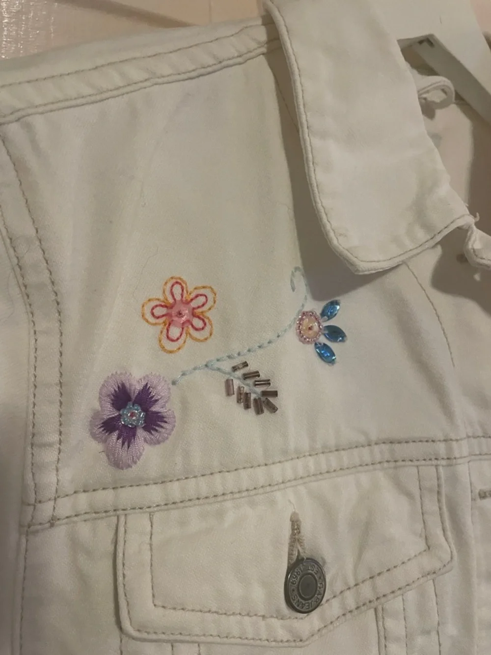 Girls GAP White Floral Embroidered Denim Jacket - Cottagecore Boho Chic size 12